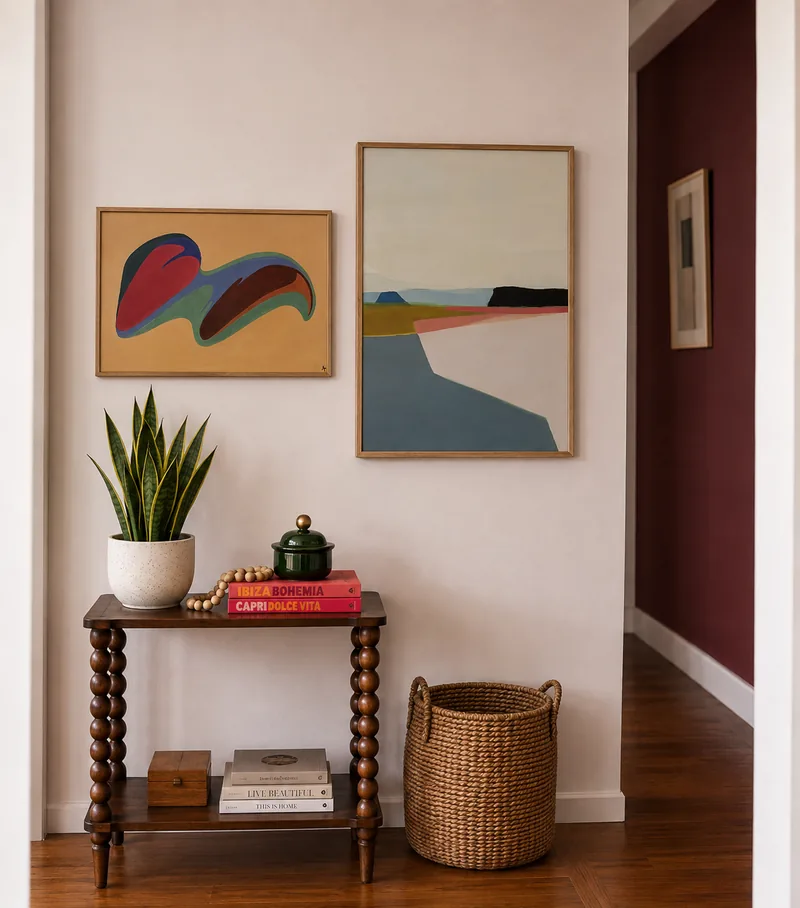 Hall com aparador de madeira, quadros e cesto de fibra