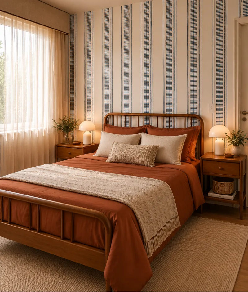 Quarto com papel de parede listrado, cama de madeira e roupa de cama terracota